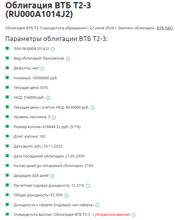 Параметры облигации ВТБ Т2-3 (RU000A1014J2)